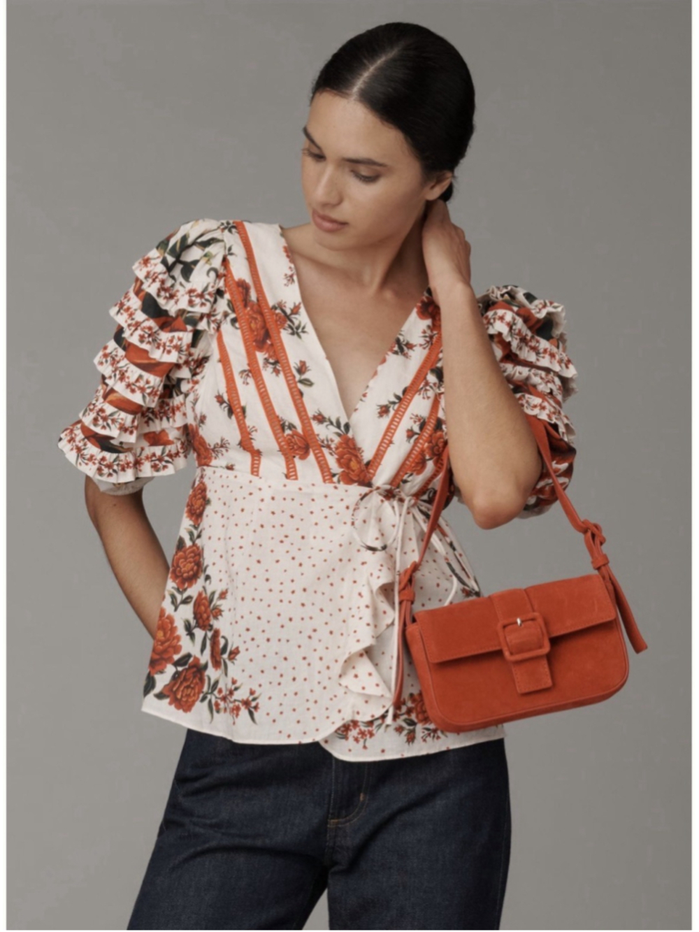NWT Farm Rio Anthropologie Wrap Blouse Top Size:XS Floral Ruffle Sleeve Cotton